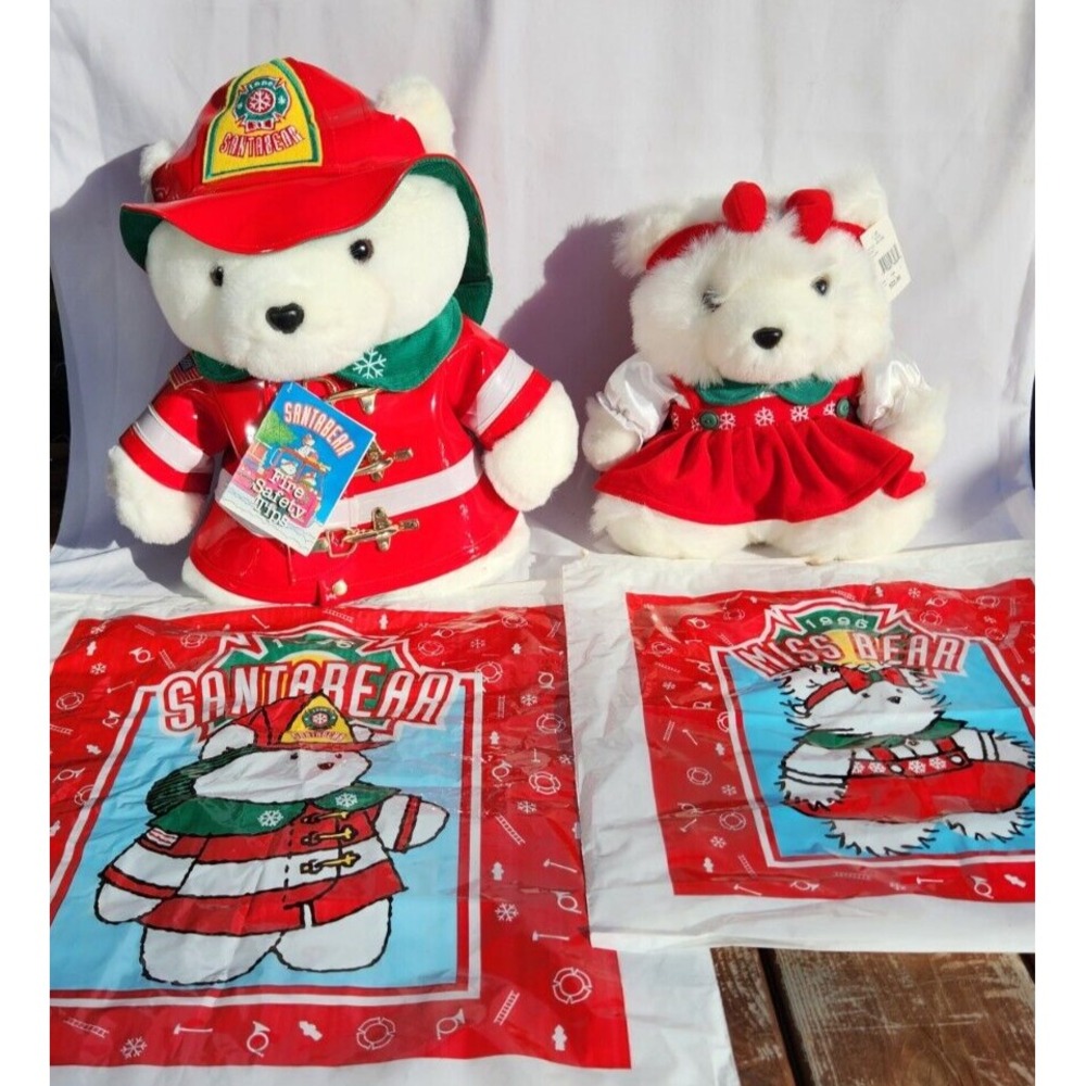 1996‎ Dayton Hudson SANTA BEAR and MISS BEAR fire safety FIREMAN Book Bags Tags